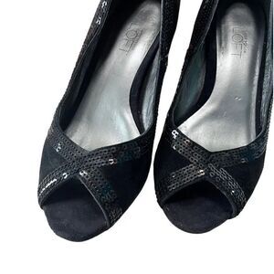 Loft Stacy Suede Open Toe Heels 6.5 Sequin Embellished Black